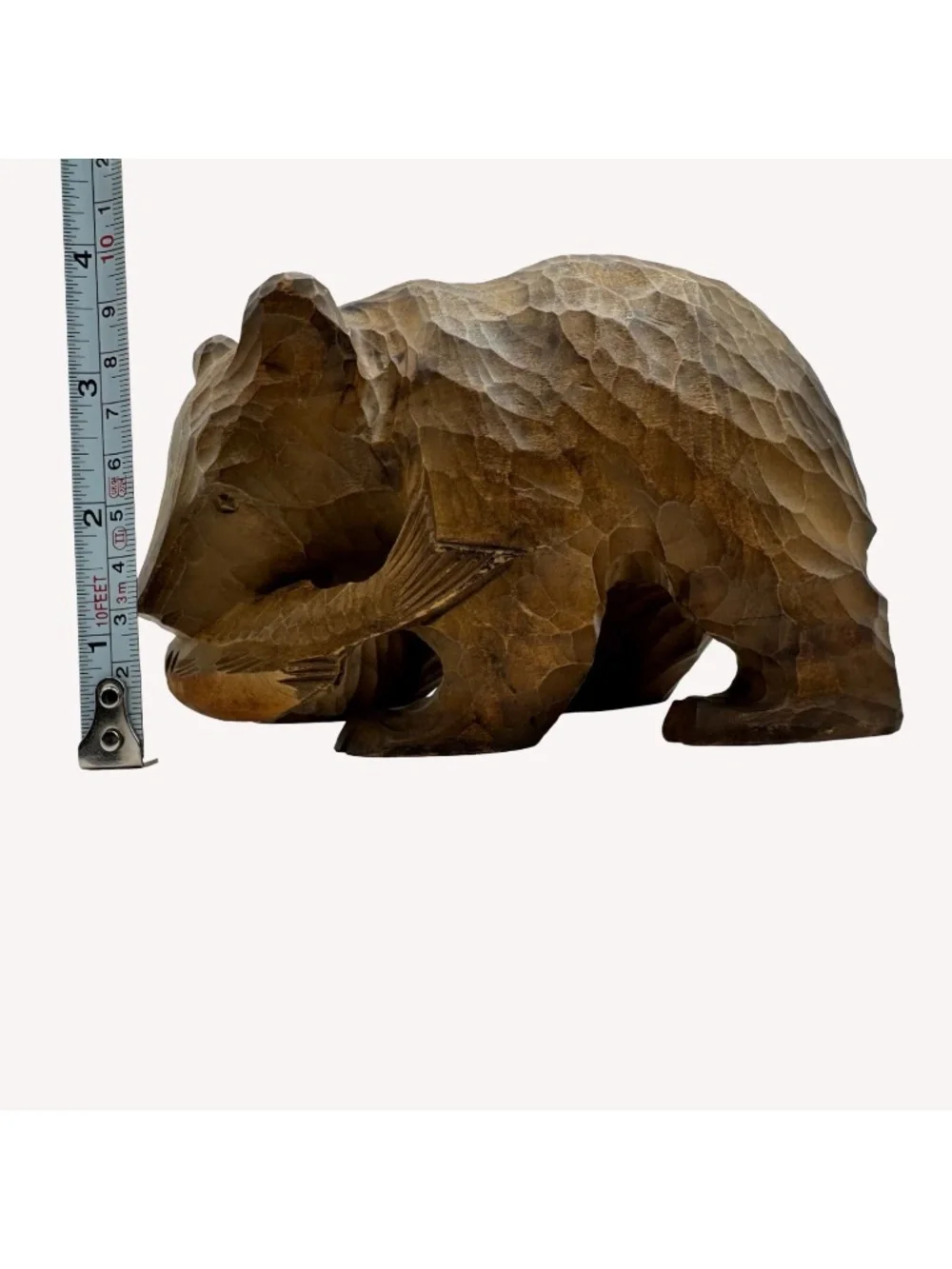 Vintage Japanese Ainu Bear Salmon Figure Hand Carved Wood Hokkaido Folk Art Kuma